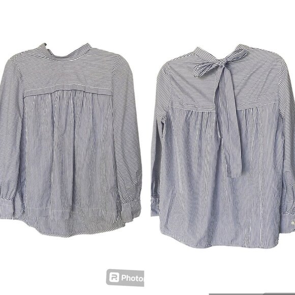 TORY BURCH 100% Cotton Poplin Blue and White Striped Long Sleeves Blouse Sz S - Picture 1 of 6
